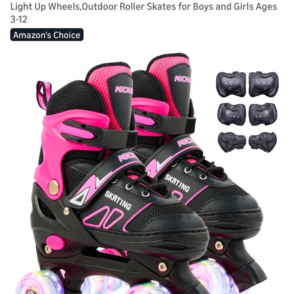 Pink and Black Kids Roller Skates with Light Up Wheels (adjustable size 1-3)